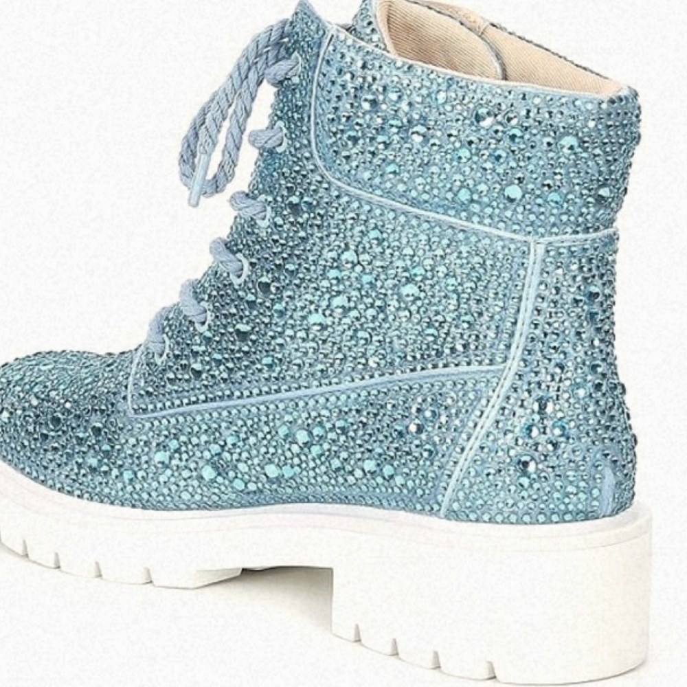 Betsey Johnson Hudson Turquoise Blue Rhinestone Combat Boots Size 6.5 NWOB BLING - Picture 4 of 14